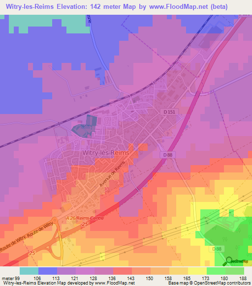 Witry-les-Reims,France Elevation Map