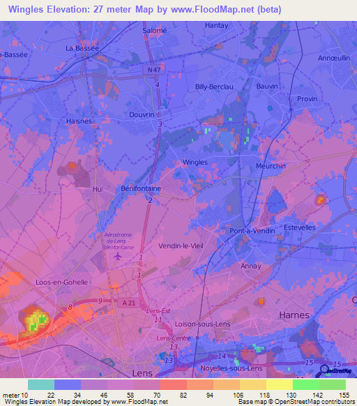 Wingles,France Elevation Map