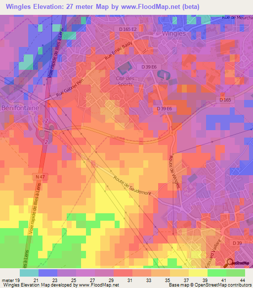 Wingles,France Elevation Map