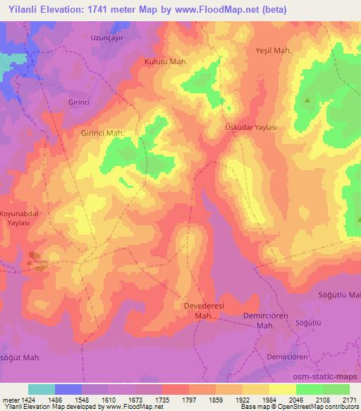 Yilanli,Turkey Elevation Map