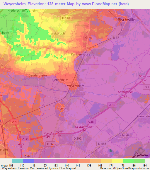 Weyersheim,France Elevation Map