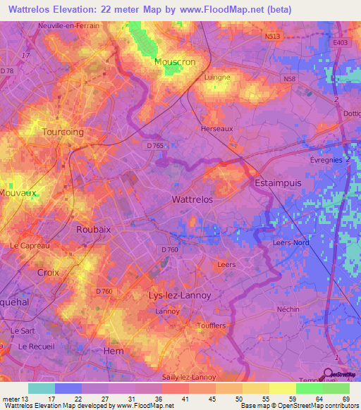 Wattrelos,France Elevation Map