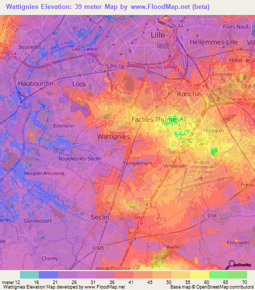 Wattignies,France Elevation Map