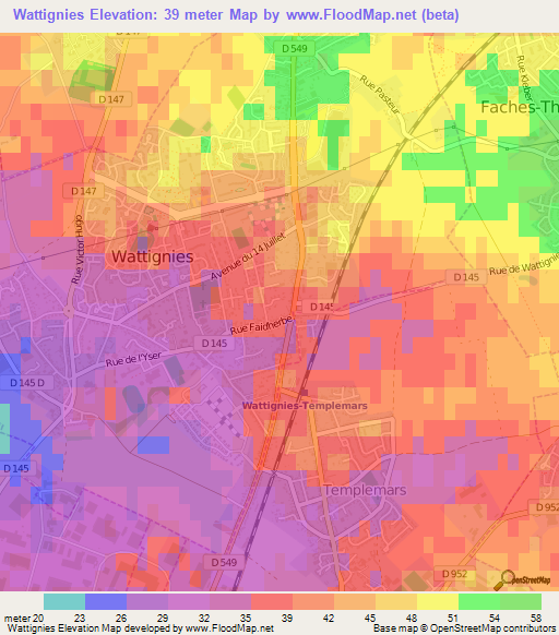 Wattignies,France Elevation Map