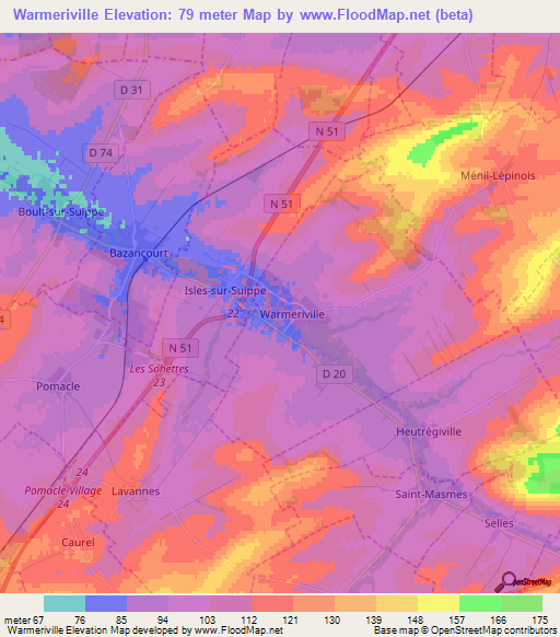 Warmeriville,France Elevation Map