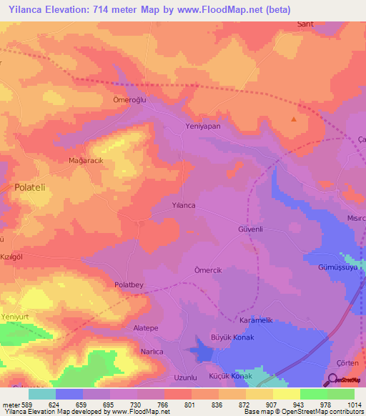 Yilanca,Turkey Elevation Map