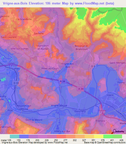 Vrigne-aux-Bois,France Elevation Map