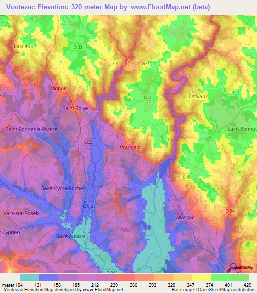 Voutezac,France Elevation Map