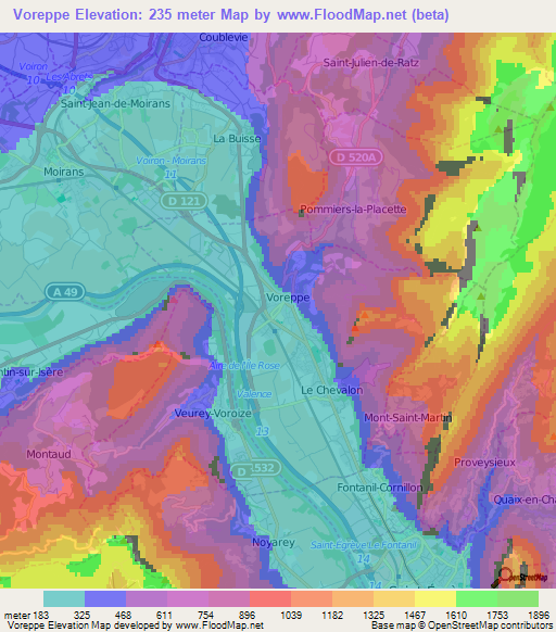 Voreppe,France Elevation Map