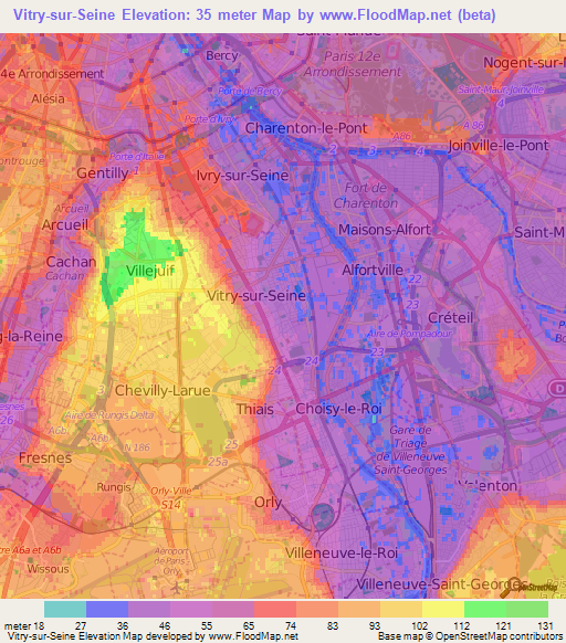 Vitry-sur-Seine,France Elevation Map