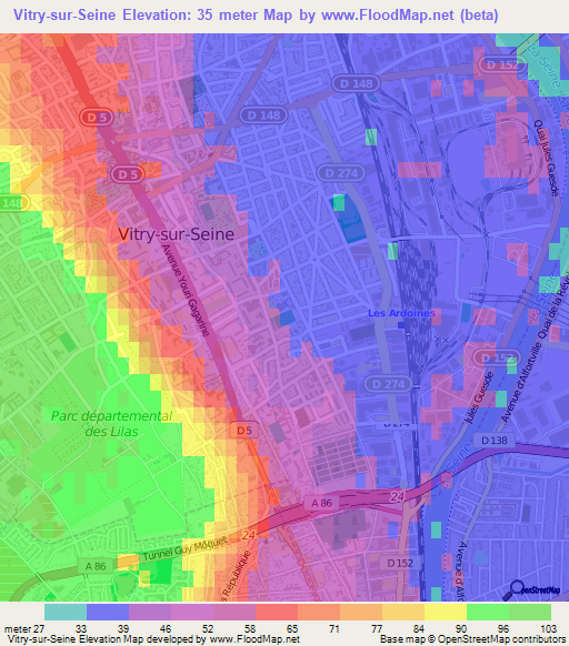 Vitry-sur-Seine,France Elevation Map