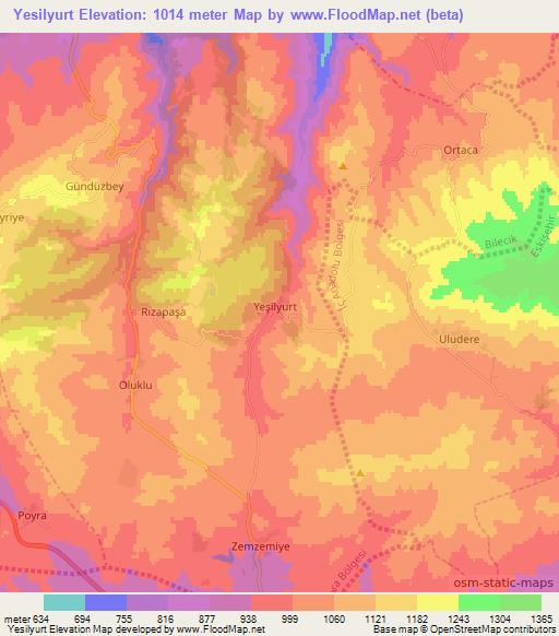 Yesilyurt,Turkey Elevation Map