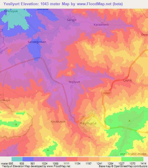 Yesilyurt,Turkey Elevation Map