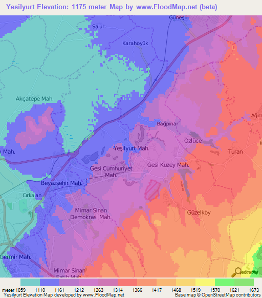 Yesilyurt,Turkey Elevation Map