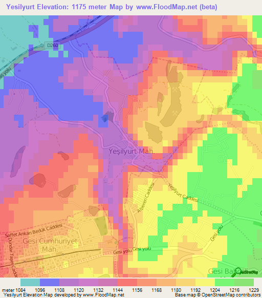 Yesilyurt,Turkey Elevation Map