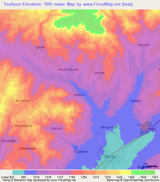 Yesilyurt,Turkey Elevation Map