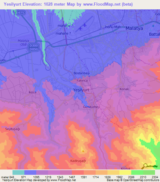 Yesilyurt,Turkey Elevation Map