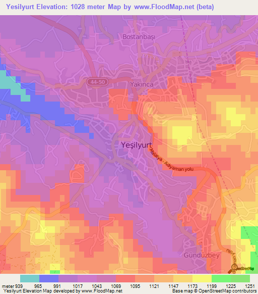 Yesilyurt,Turkey Elevation Map