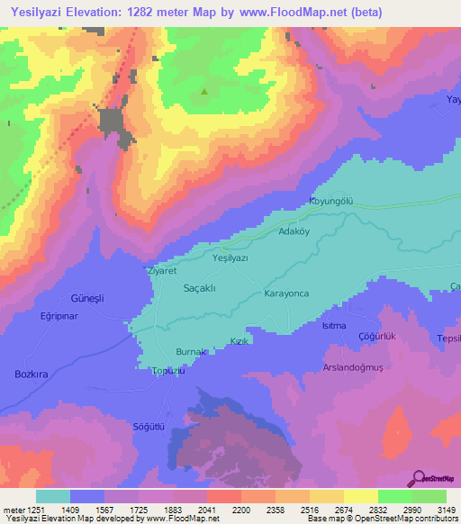 Yesilyazi,Turkey Elevation Map