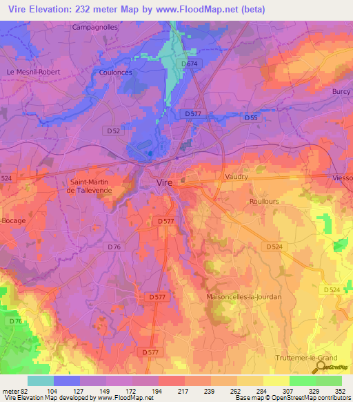 Vire,France Elevation Map