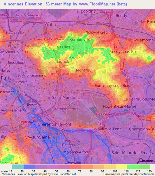 Vincennes,France Elevation Map