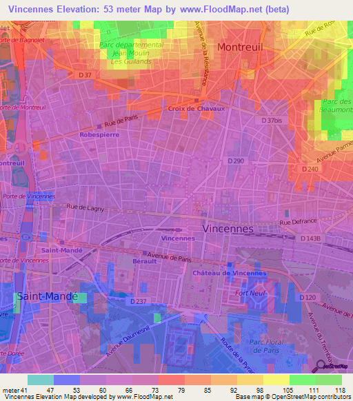 Vincennes,France Elevation Map