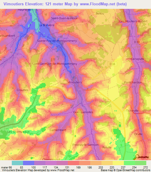 Vimoutiers,France Elevation Map