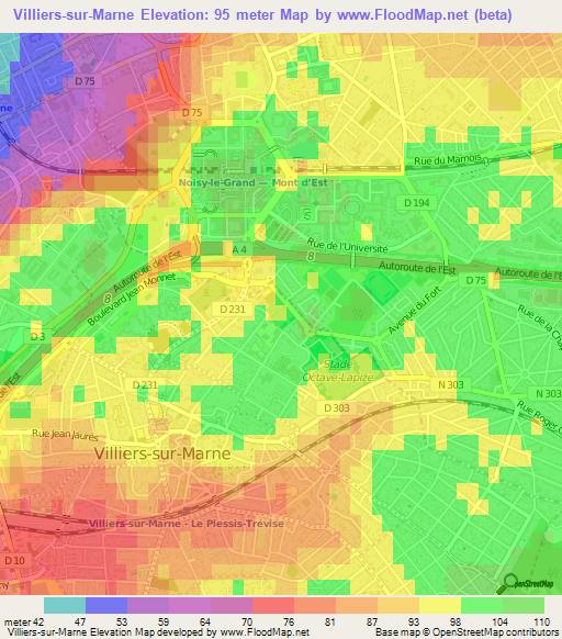 Villiers-sur-Marne,France Elevation Map