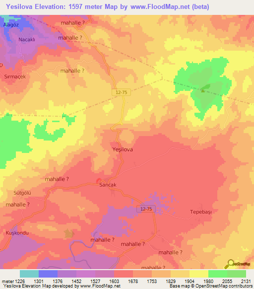 Yesilova,Turkey Elevation Map