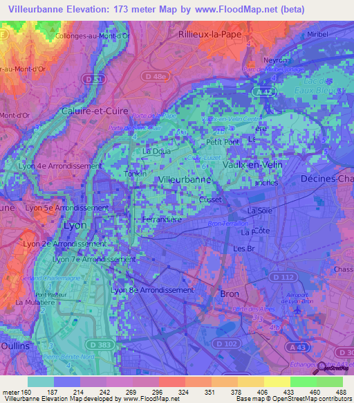 Villeurbanne,France Elevation Map