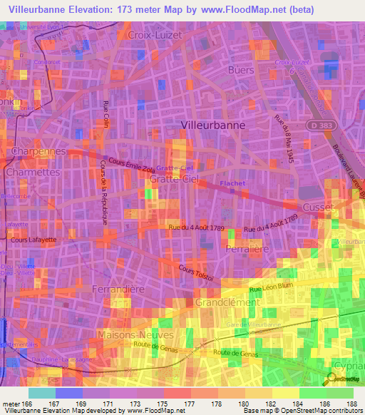 Villeurbanne,France Elevation Map