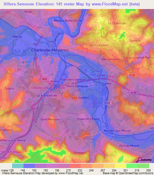 Villers-Semeuse,France Elevation Map