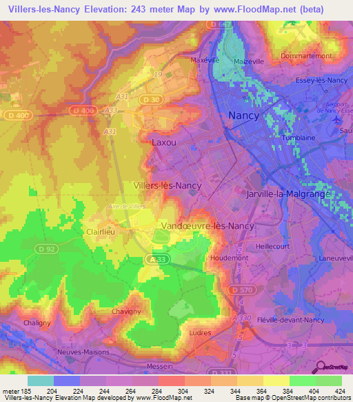 Villers-les-Nancy,France Elevation Map