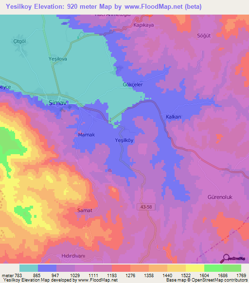 Yesilkoy,Turkey Elevation Map