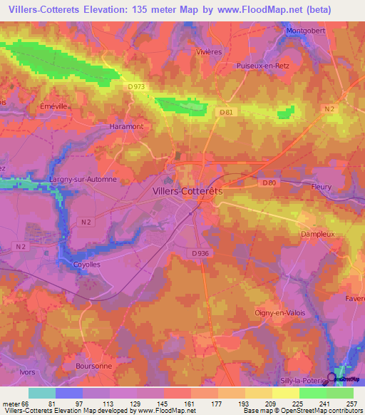 Villers-Cotterets,France Elevation Map