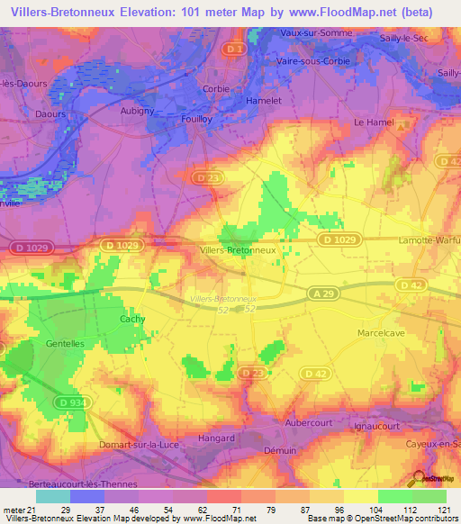 Villers-Bretonneux,France Elevation Map