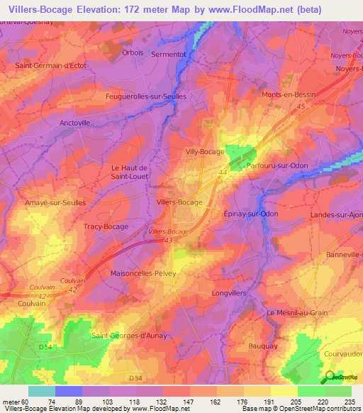 Villers-Bocage,France Elevation Map