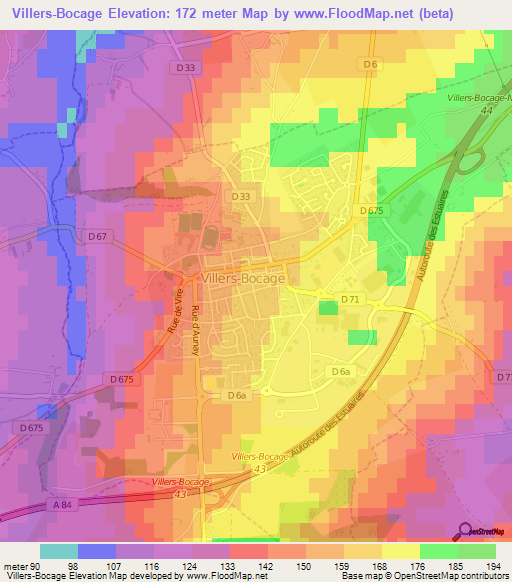 Villers-Bocage,France Elevation Map