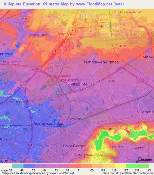 Villepinte,France Elevation Map