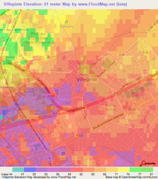 Villepinte,France Elevation Map