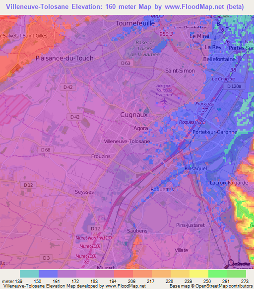 Villeneuve-Tolosane,France Elevation Map