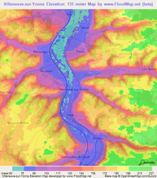 Villeneuve-sur-Yonne,France Elevation Map