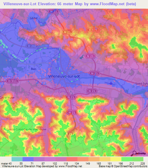 Villeneuve-sur-Lot,France Elevation Map