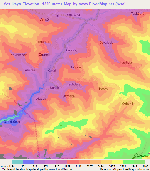 Yesilkaya,Turkey Elevation Map