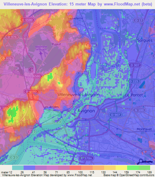 Villeneuve-les-Avignon,France Elevation Map