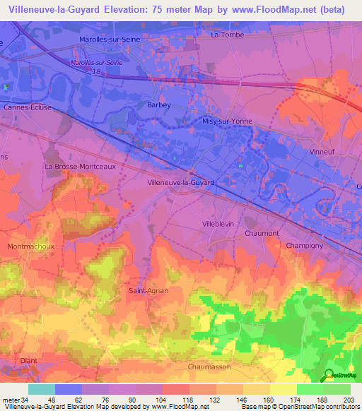 Villeneuve-la-Guyard,France Elevation Map