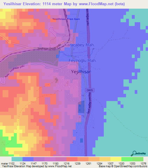 Yesilhisar,Turkey Elevation Map