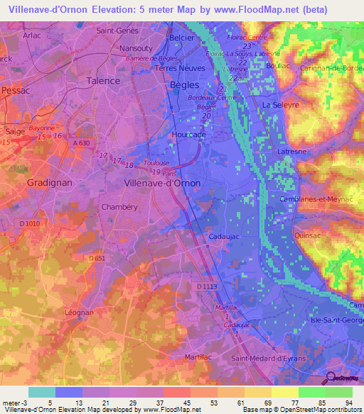 Villenave-d'Ornon,France Elevation Map