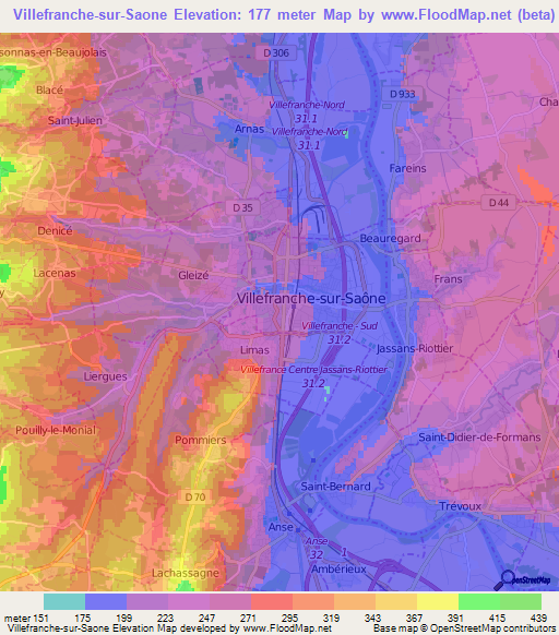 Villefranche-sur-Saone,France Elevation Map