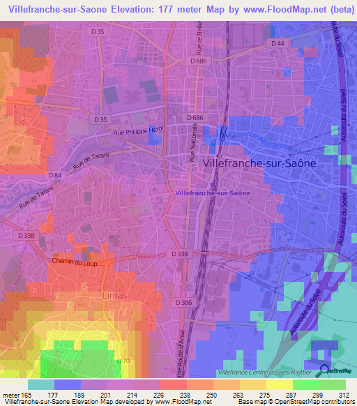 Villefranche-sur-Saone,France Elevation Map
